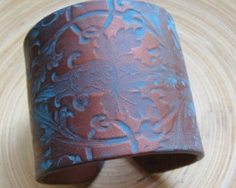 SALE Copper Cuff Bracelet, Turquoise Damask Design, Handmade Jewelry by theshagbag