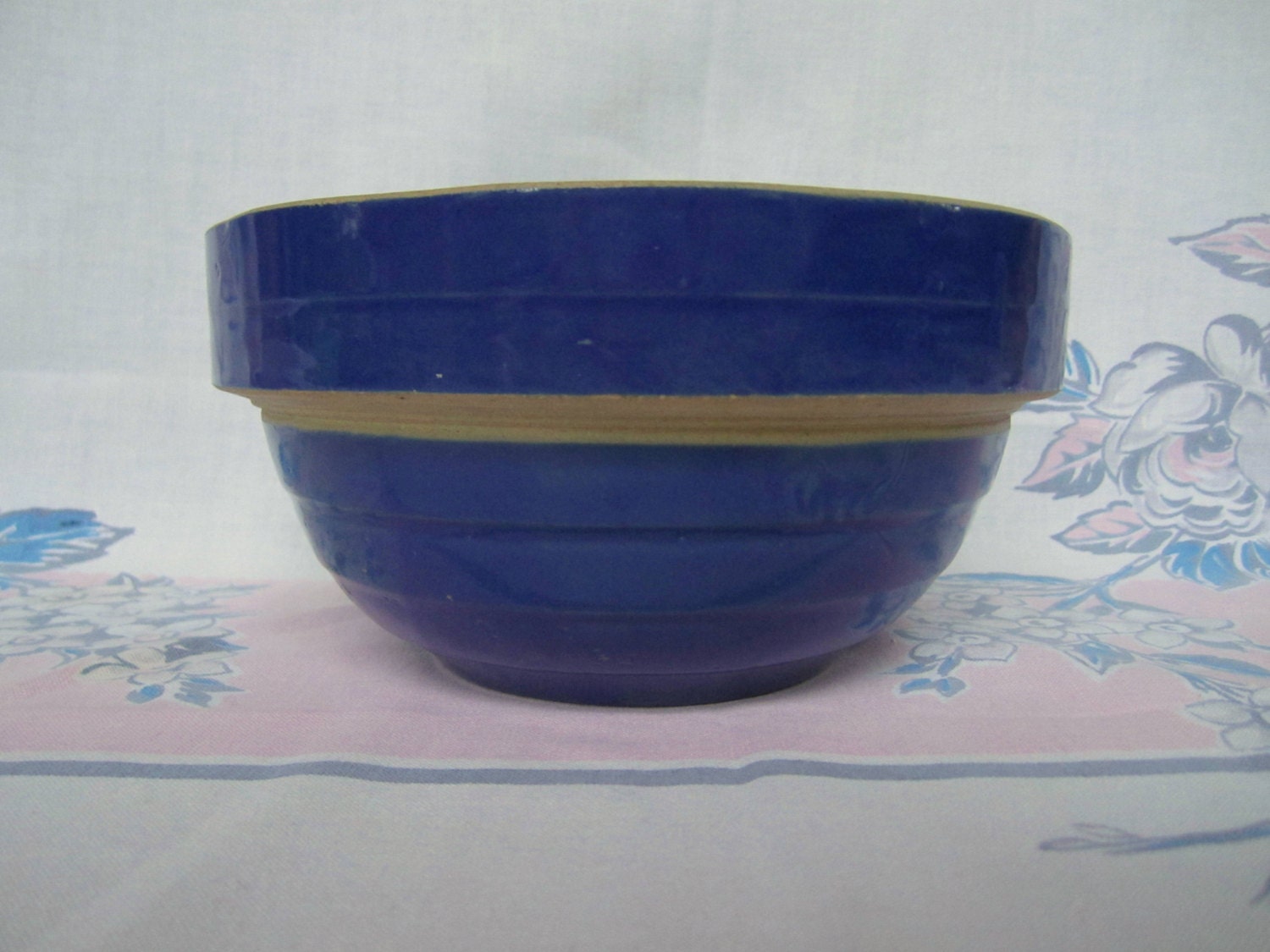 Antique Stoneware Pottery Mixing Bowl . McCoy . Blue Drip