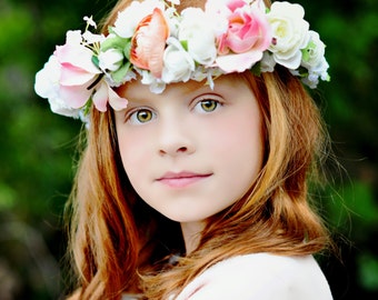 Idea Bridal hair wreath Statement Flower crown girl Halo pink peach floral headpiece garland romantic wedding accessories couronne de fleur