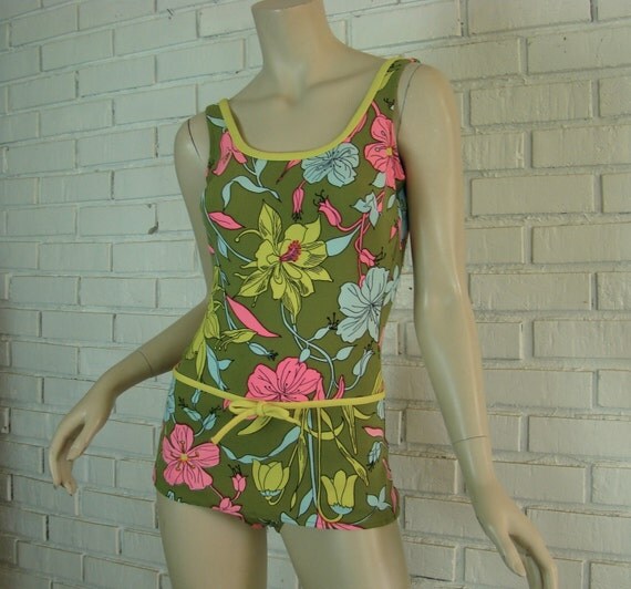 1960s Swim Suit Olive Green Neon PInk Yellow by ReluctantDamsel