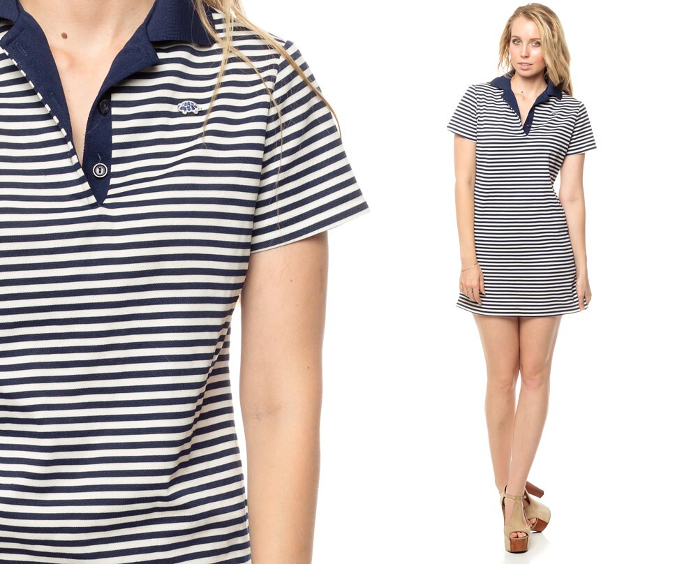 Striped Polo Dress XL 60s Mini Preppy TURTLE Button Up