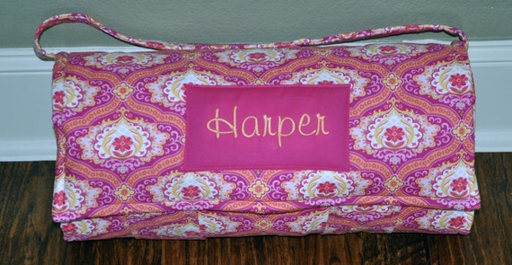 Nap Mat - Monogrammed Plum Damask Nap Mat with Coral Minky Dot Blanket