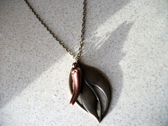 Bohemian Bronze Gold Leaf and Tooth Necklace