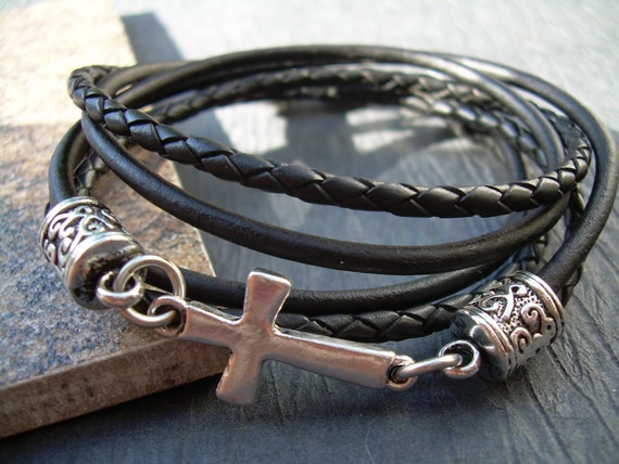 Leather Bracelet Natural Black Cross Bracelet Cross