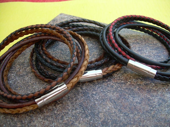 Mens Leather Bracelet Double WrapStainless Steel Magnetic
