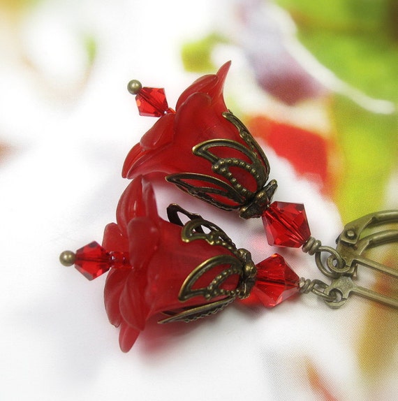 Christmas, Crimson, Flower Earrings, Vintage Style, Red Earrings, Christmas Jewelry, Christmas Bells, For Her, Under 25, Stocking Stuffers