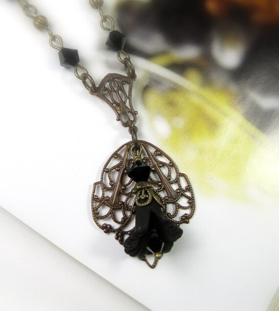 Black Flower Necklace, Swarovski, Vintage Style, Charcoal, Jet Black, For Her, Womens Accessories, Romantic, Sexy, Formal, Feminine Fashions