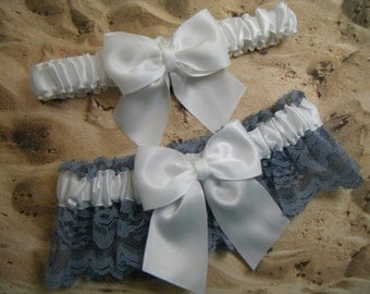 White Satin Chambray Blue Lace Wedding Garter Bridal Set