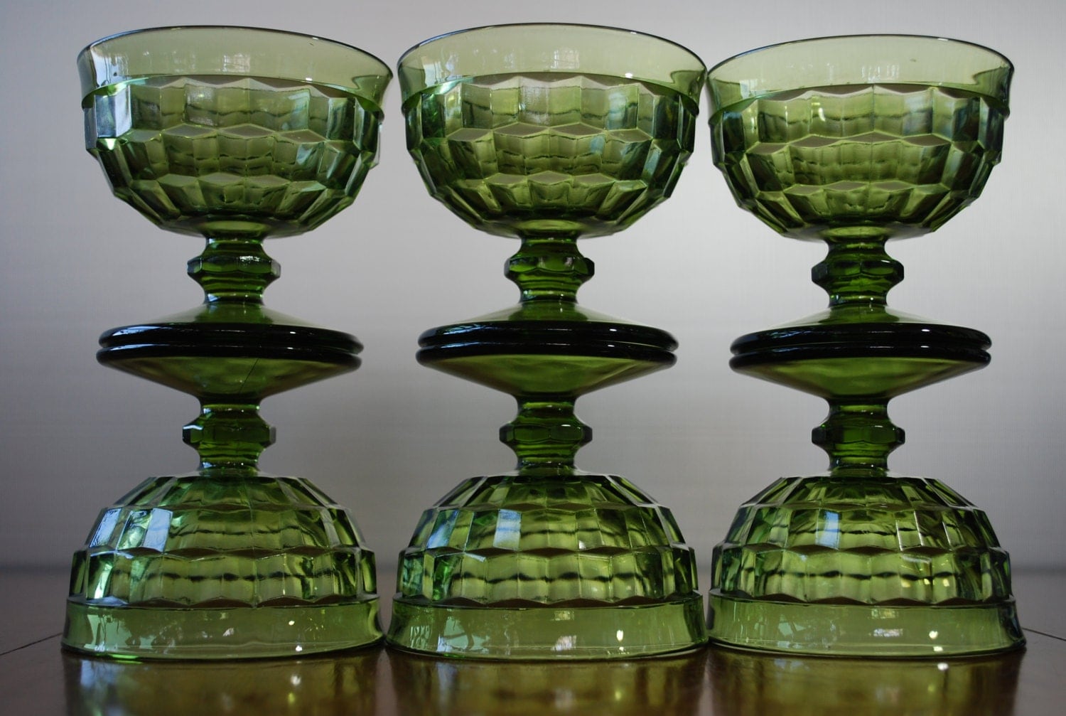 Six Vintage Whitehall Footed Sherbet/ Champagne Glasses Green Cubist Minimalist Retro