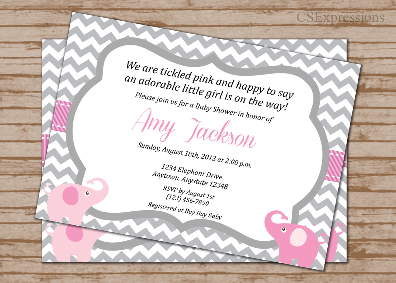 Pink And Grey Elephant Baby Shower Invitations 6