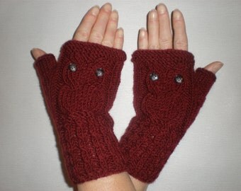 Hand-knitted burgundy color wrist warmers with knitted owl