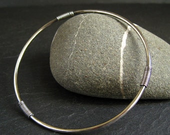 Sterling silver bangle with silver coils, stacking bangle, slim bangle, oxidized finish, bright silver, wire coil bracelet, skinny bangle