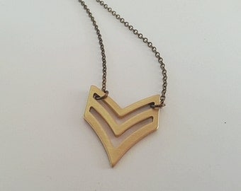 Chevron brass pendant with antique bronze chain necklace