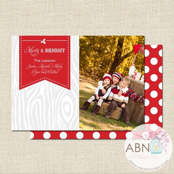 Faux Bois Wood 5x7 Holiday Christmas Photo Card - PRINTABLE Customized Photo Christmas Card Il_570xn