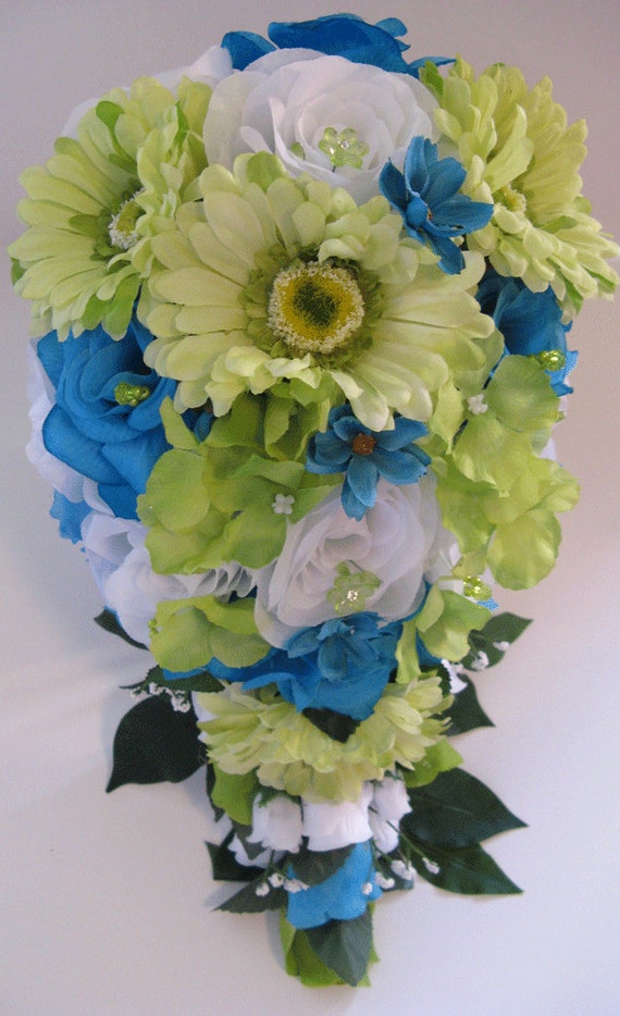 929 New bridal bouquet kl 496 Wedding Bouquet Bridal Silk flowers TURQUOISE Blue GREEN DAISY 17 pcs   