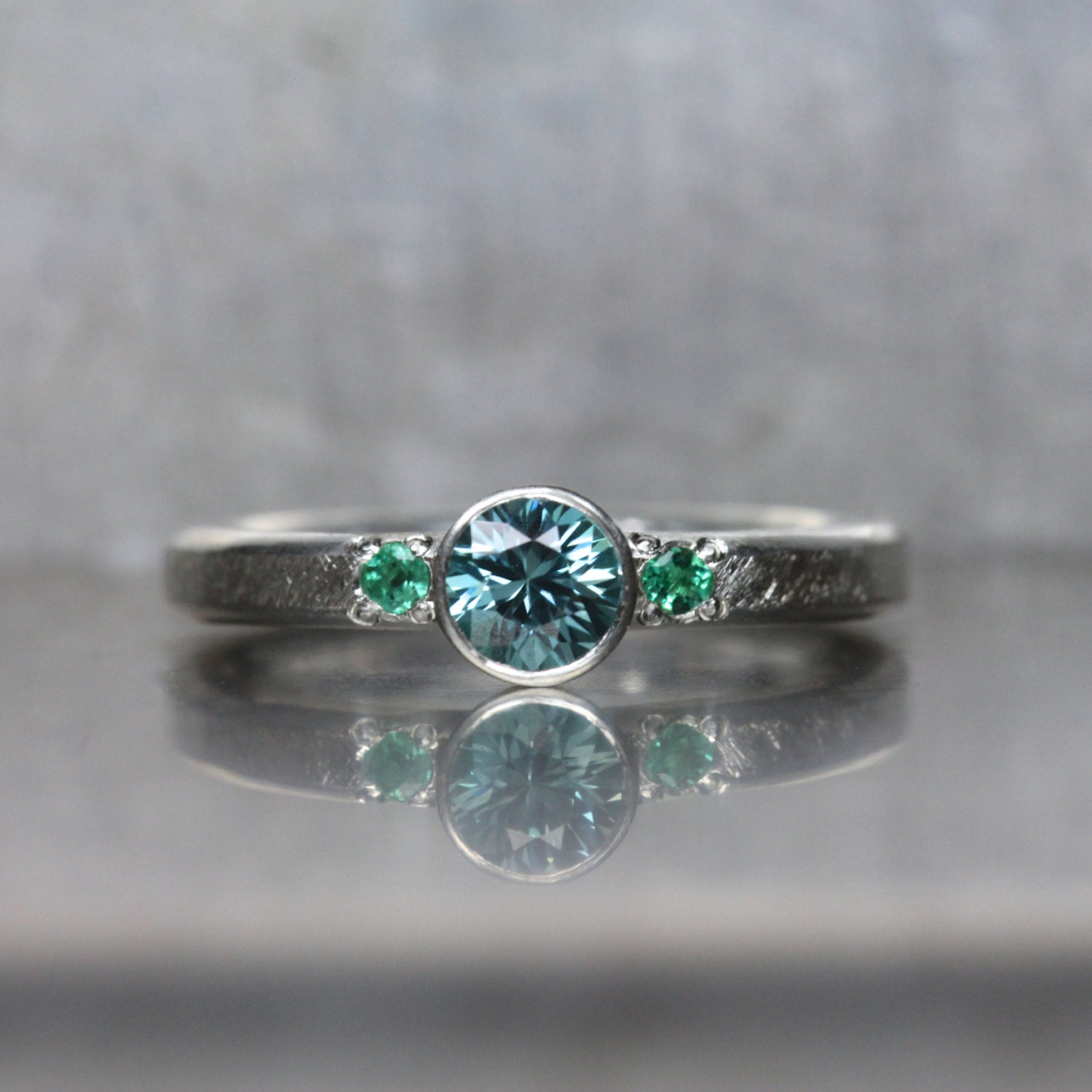 Blue Zircon Emerald Engagement Ring Silver Mermaid Ocean