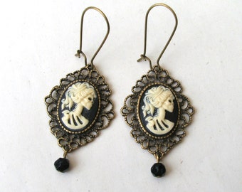 Zombie Earrings, Filigree Earrings, Skull Earrings, Lolita Earrings, Skeleton Cameo Earrings, Bronze
