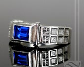 TARDIS Ring Solid Sterling Silver - Level 2 - With Lab Sapphire and Diamond - Wedding band or Signet Ring