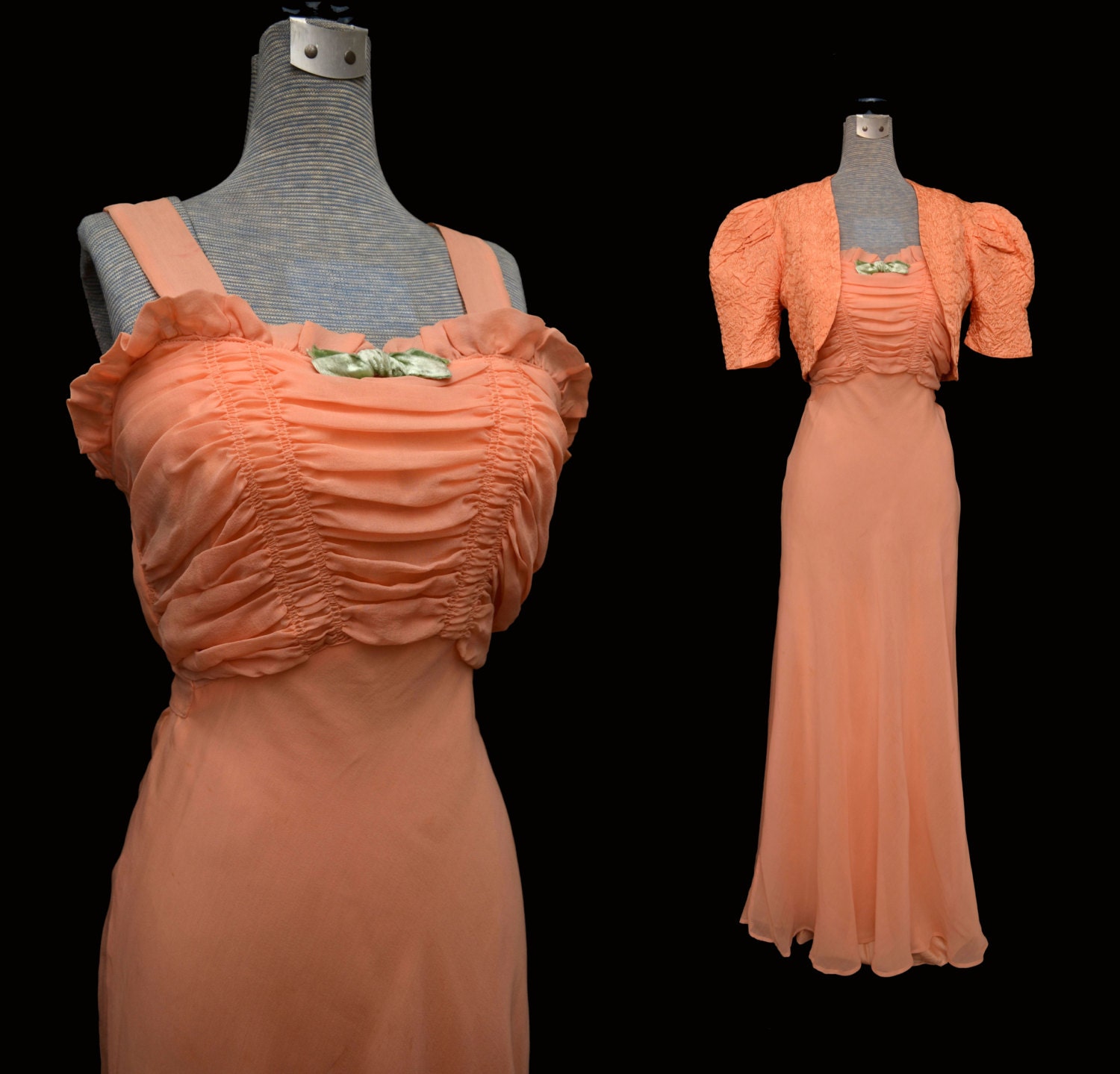 Vintage 30s Dress Peach Chiffon Ruched Top Matching Satin