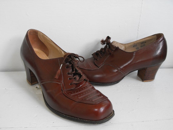 Vintage 40s Shoes Brown Wooden Heels Guildmark Oxford Granny 8