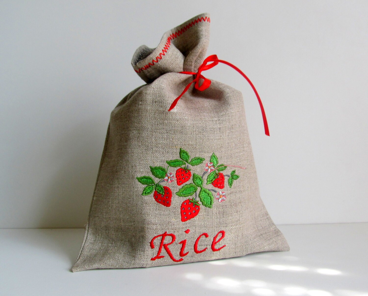 Natural Linen Rice Bag Embroidered Burlap Condiment Holder
