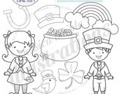 Leprechaun Kids Cute Digital Line Art Stamps, Black and White Line Art, Digital Stamps, St Patricks Day Il_170x135