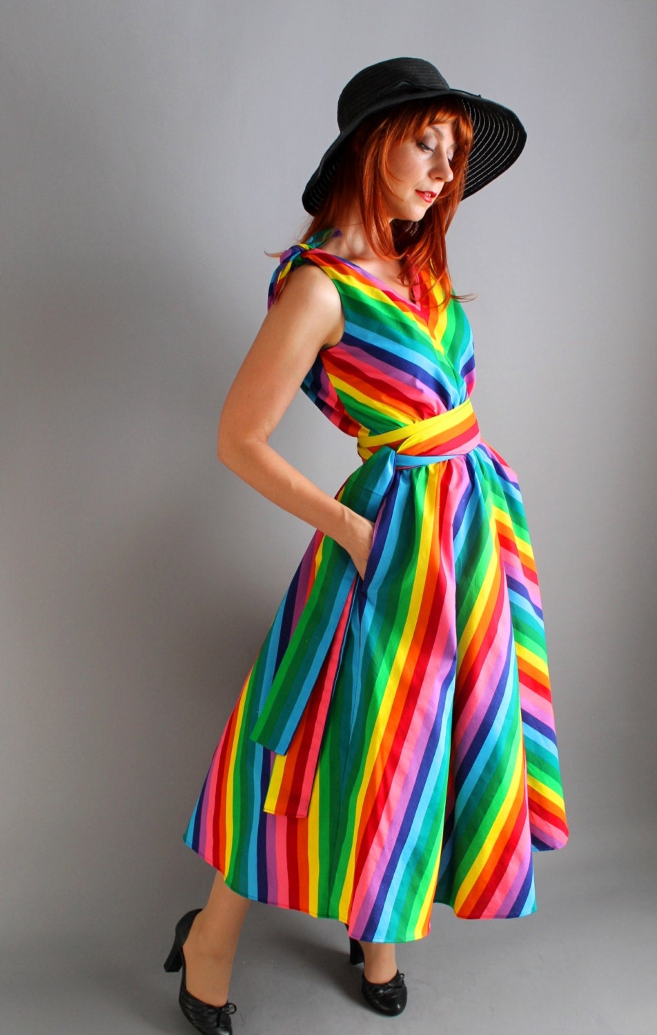 Romantic Handmade Cotton Chevron Rainbow Dress. Day Dress. Designer Dress. Alternative Wedding. Bridesmaid. Summer