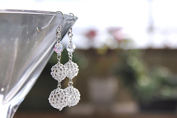 Sterling Silver Swarovski Crystals Earrings, with Clear Glass Beaded Accents. Bridesmaid Earrings, Bridal Wedding Jewelry