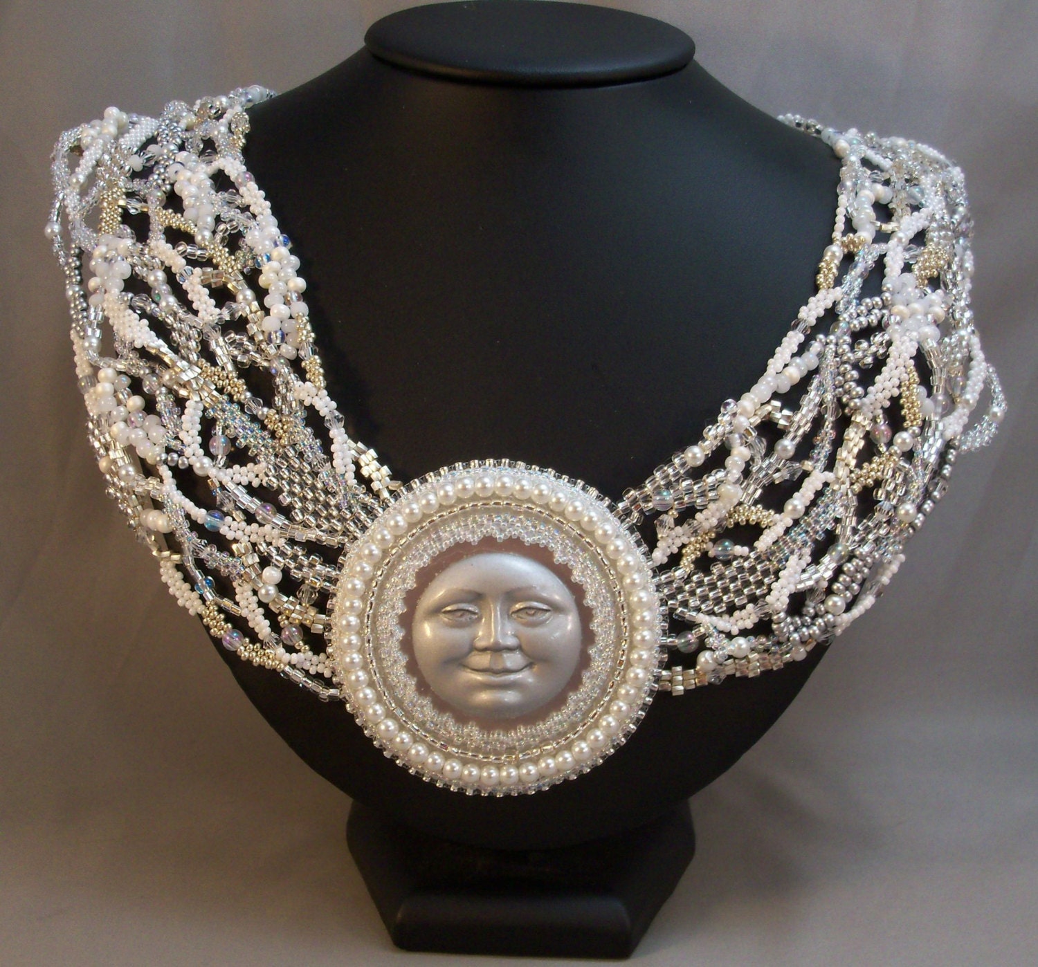 Silver and White Necklace Crystal and Pearls Beadwoven