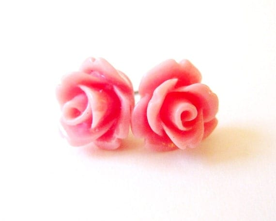 Coral Pink Rose Stud Earrings 10mm Surgical Steel Post