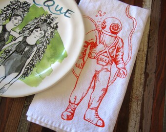 Cloth Napkins - Screen Printed Cloth Napkins - Eco Friendly Dinner Napkins - Deep Sea Diver - Nautical - Handmade - Cotton Cloth Napkins