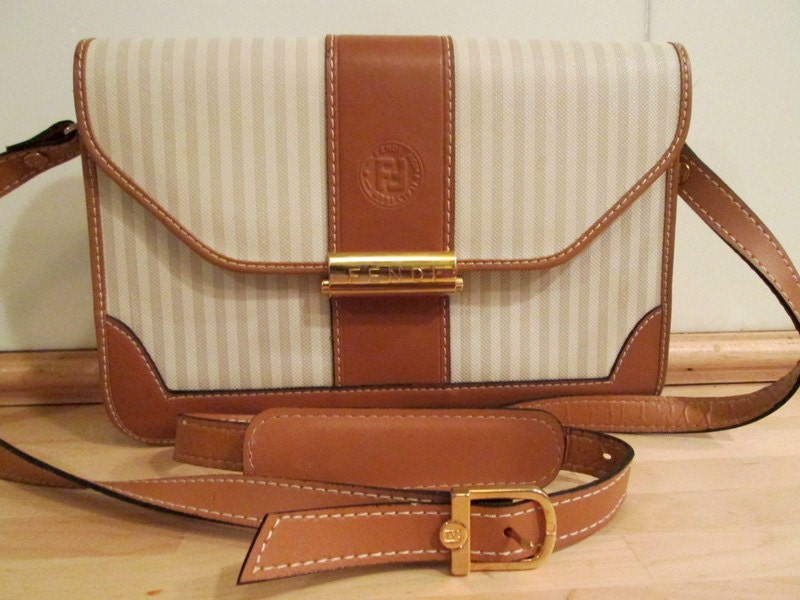 Vintage Fendi Striped Logo Shoulder Bag. Fendi White Tan Gray