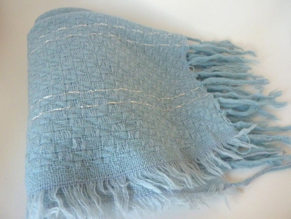 Woven Wool Scarf Wrap Blue Silver Fringed by BonniesVintageAttic