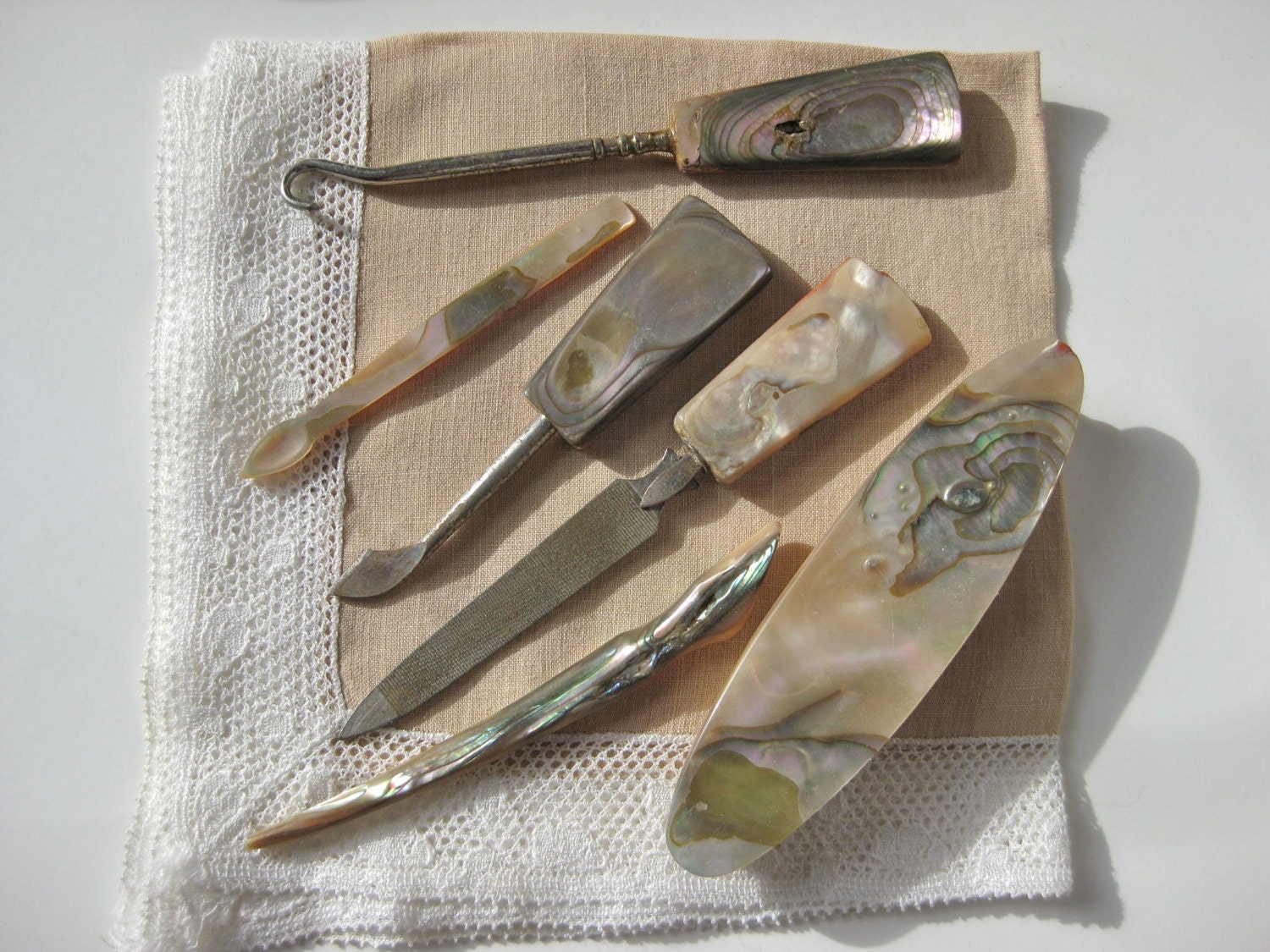 Antique Abalone Manicure Set with Button Hook by nestingwren