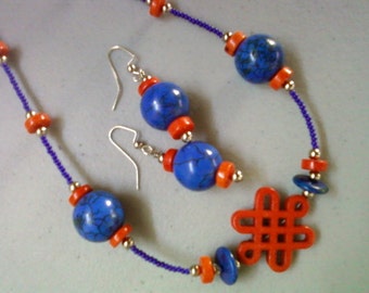 Blue and Orange Necklace and Earrings (0771)