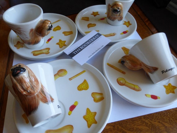 dog Pekingese vintage  vintage  (4) of Set and Four style saucers Saucers DEMITASSE Cups puppy and cups