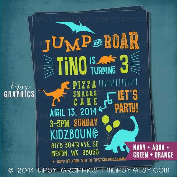 JUMP & ROAR Dinosaur Birthday Party Invite. Super Fun Jumping Bouncing Trampoline Invitation Il_570xn