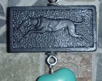 Running Greyhound vintage domino necklace with turquoise heart
