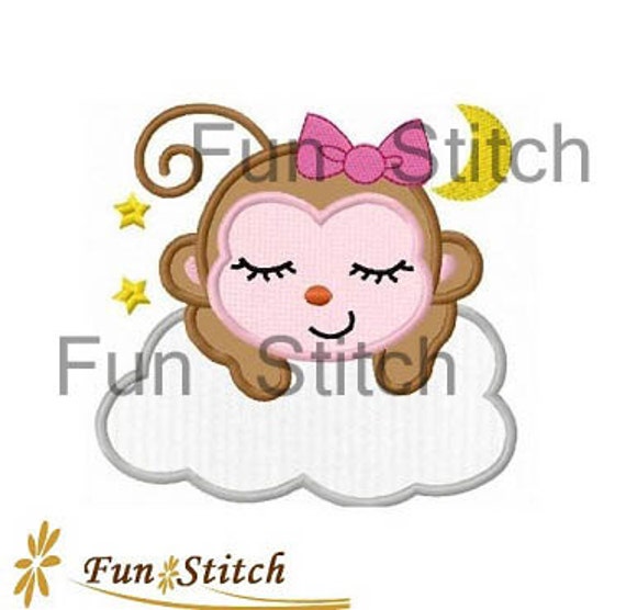 sleeping girl monkey applique machine embroidery design