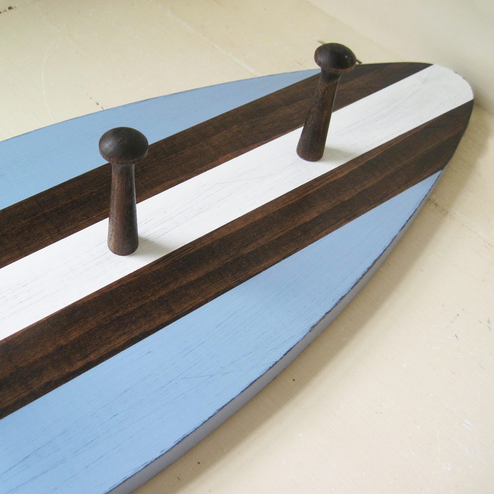 Wood Surfboard Coat Rack 28 with Shaker Pegs Blue Dark