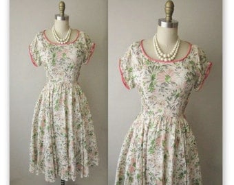 50's Silk Floral Dress // Vintage 1950's Floral Print Garden Party Mad Men Summer Dress XS