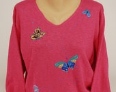 Hand Painted 100% Cotton Sweater 'Fly By' 'Butterfly design on Strawberry-Butterfly Lover Gift