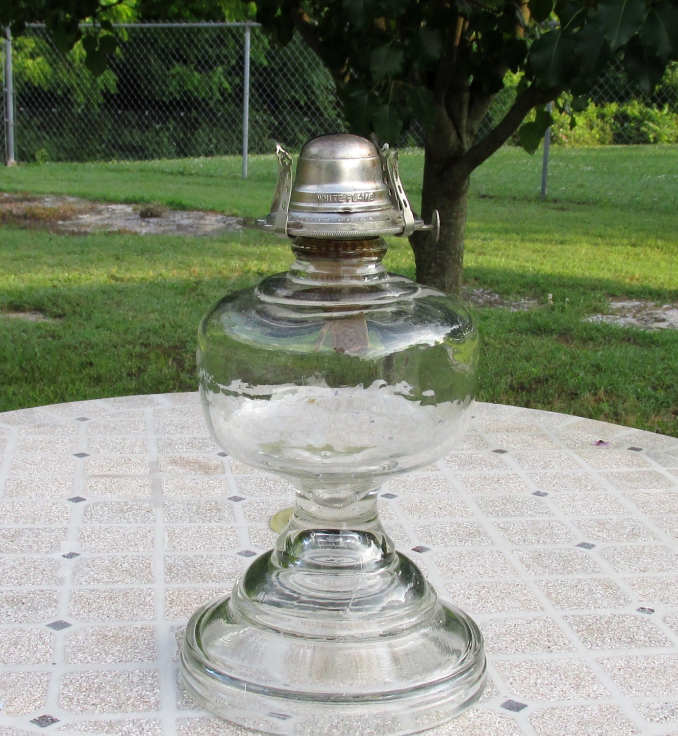 Vintage WHITE FLAME LIGHT Co Clear Glass Pedestal Kerosene Oil