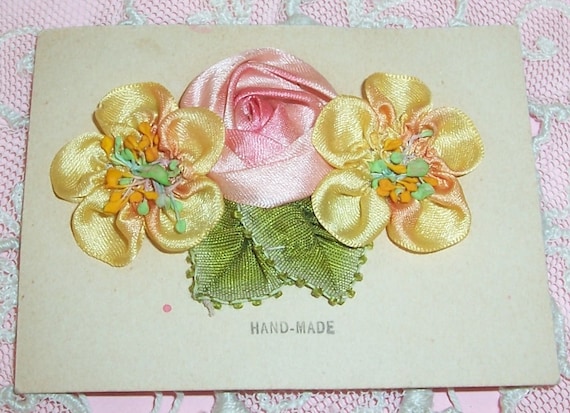 ANTIQUE Silk RIBBONWORK Roses Embellishment, Applique on Card