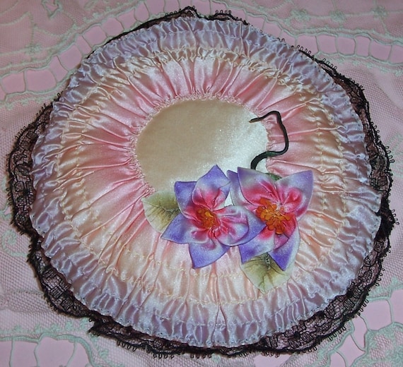 ANTIQUE Silk RIBBONWORK Flowers Boudoir Pin Cushion