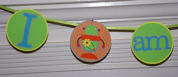 Robot Banner READY To SHiP 1st Birthday High Chair Banner Orange Green Yellow Grey Il_570xn