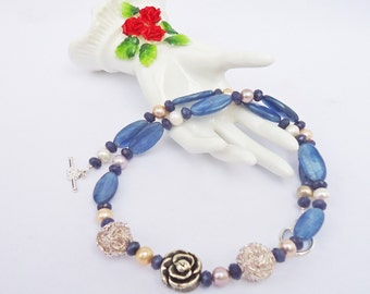 Kyanite, Pearls and Jade Necklace, , Elegant Necklace, Gemstone Necklace, Blue Necklace, UK Seller