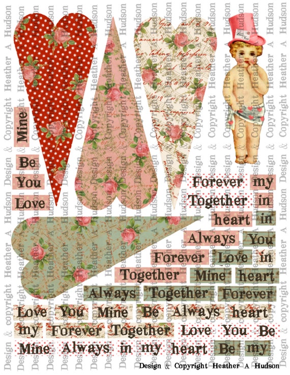 Romantic Focals Cupid Text Boxes for Victorian Vintage Valentine's  Tussie Mussies  Heart Shaped Cone Digital Collage sheet Printable