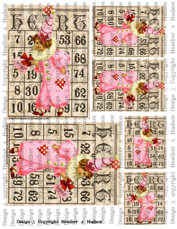 Victorian Vintage Valentine's  Clown Bingo Card Focals ATC Digital Collage sheet Printable