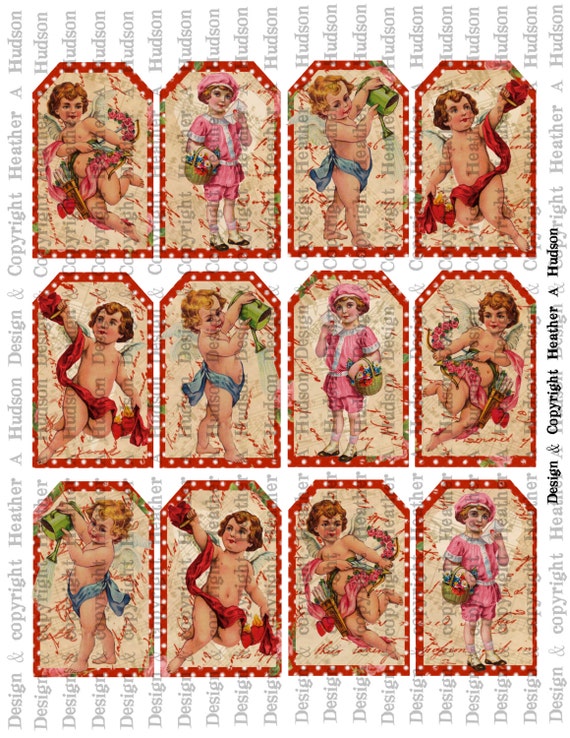 2nd Victorian Vintage Valentine's Day Red Tags Cupids Digital Collage sheet Printable